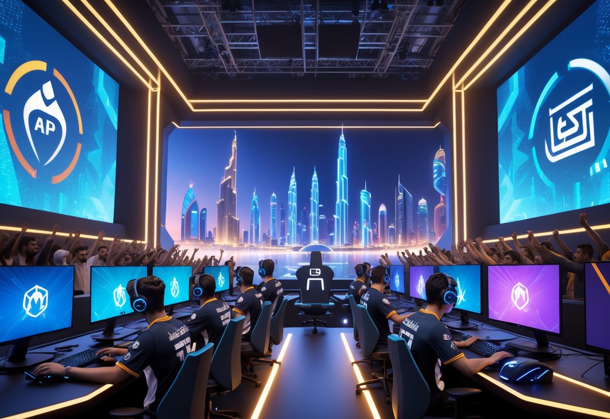 A 3D scene of an esports arena with gamers playing on computers and a Saudi Arabian city skyline in the background.