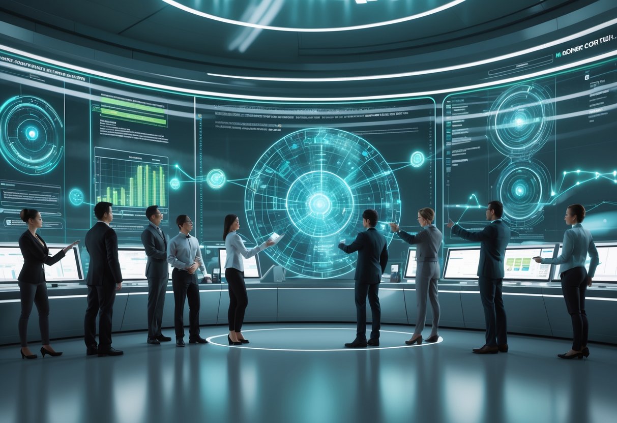 A futuristic control room with people interacting around a large transparent digital display showing complex data and system changes.