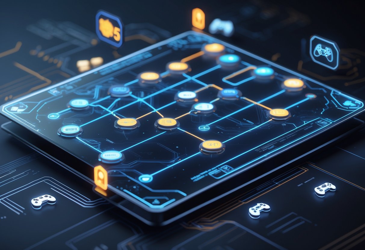 A 3D digital roadmap showing interconnected nodes and icons representing stages of a gaming tournament in a futuristic setting.