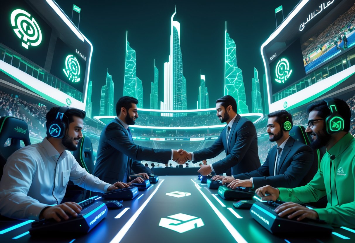 A futuristic cityscape of Riyadh with gamers competing on advanced setups and businesspeople making partnerships, set against a large esports arena with fans.