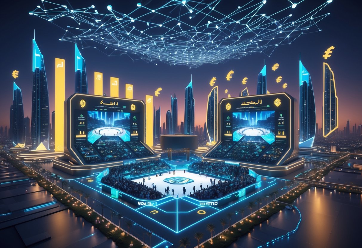 A futuristic cityscape of Riyadh with a large esports arena, glowing skyscrapers, and digital symbols representing economic growth and investment.