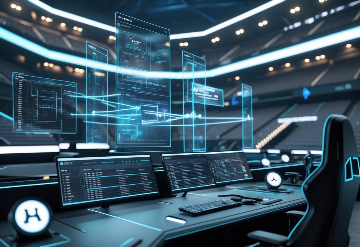 A futuristic esports control room with holographic screens showing tournament schedules and brackets, set inside a modern arena environment.