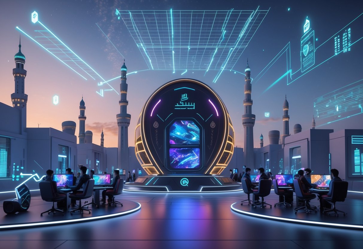 A futuristic cityscape with a modern esports arena, diverse gamers using advanced technology, and digital elements representing investment and growth in Saudi Arabia.