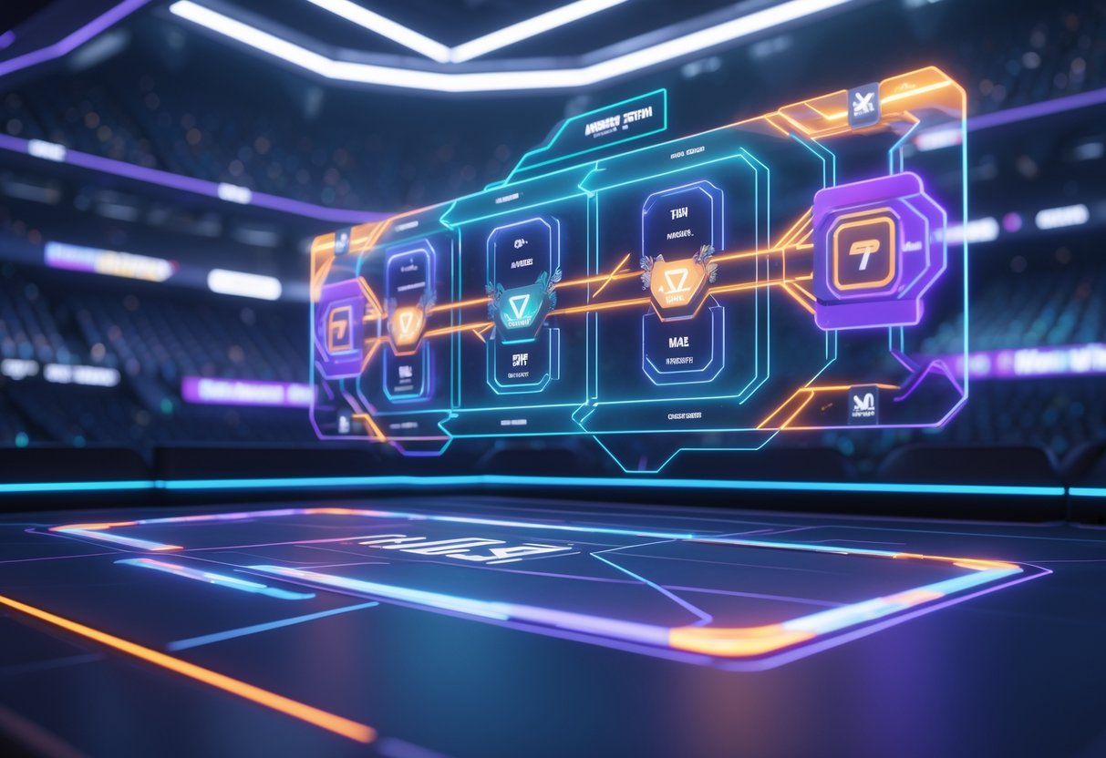A 3D scene showing a futuristic esports tournament bracket with glowing holographic elements inside a digital arena.