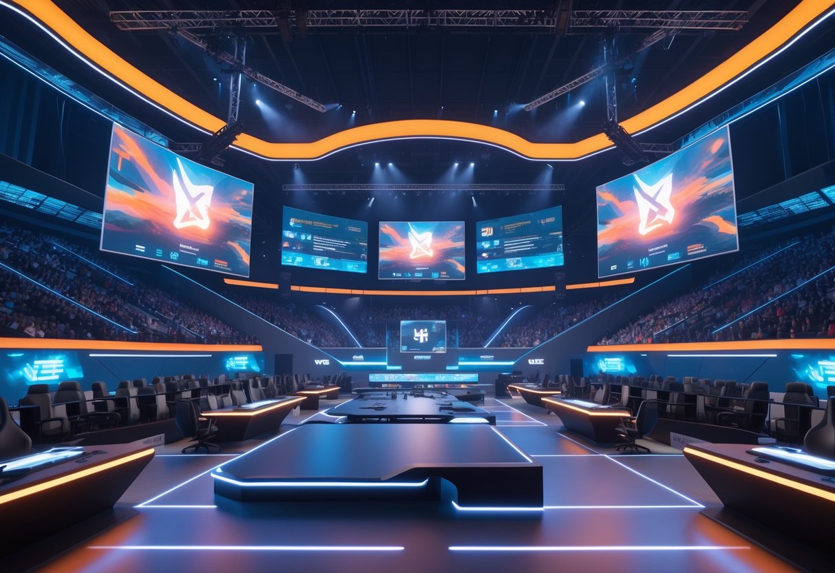A futuristic esports tournament stage with multiple levels, large curved screens, and a crowd of spectators in a large arena.