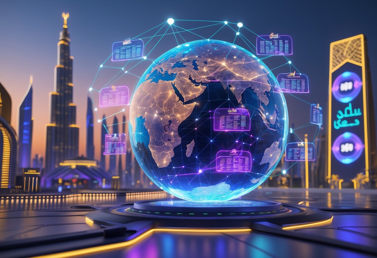 A futuristic cityscape with Saudi Arabian landmarks and a glowing globe showing digital esports connections and player avatars.