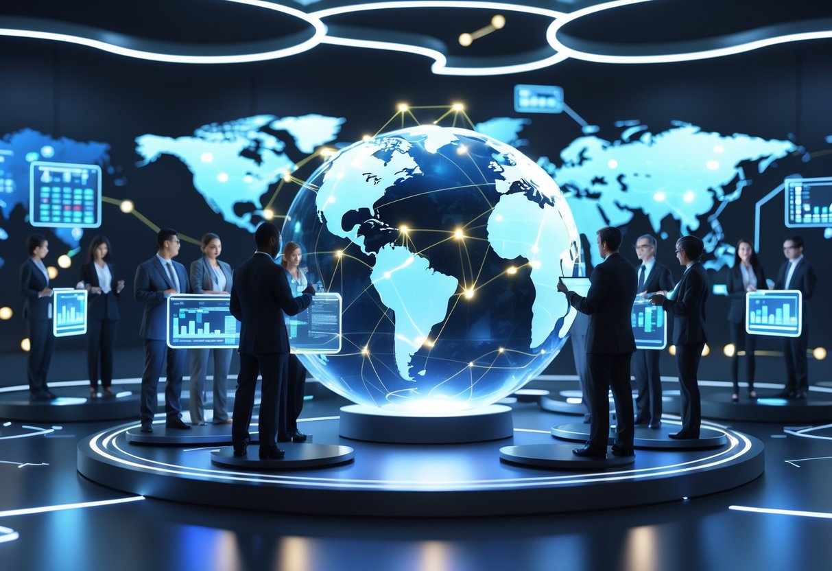 A 3D scene showing diverse teams standing on platforms around a glowing globe connected by lines, representing regional collaboration and change.