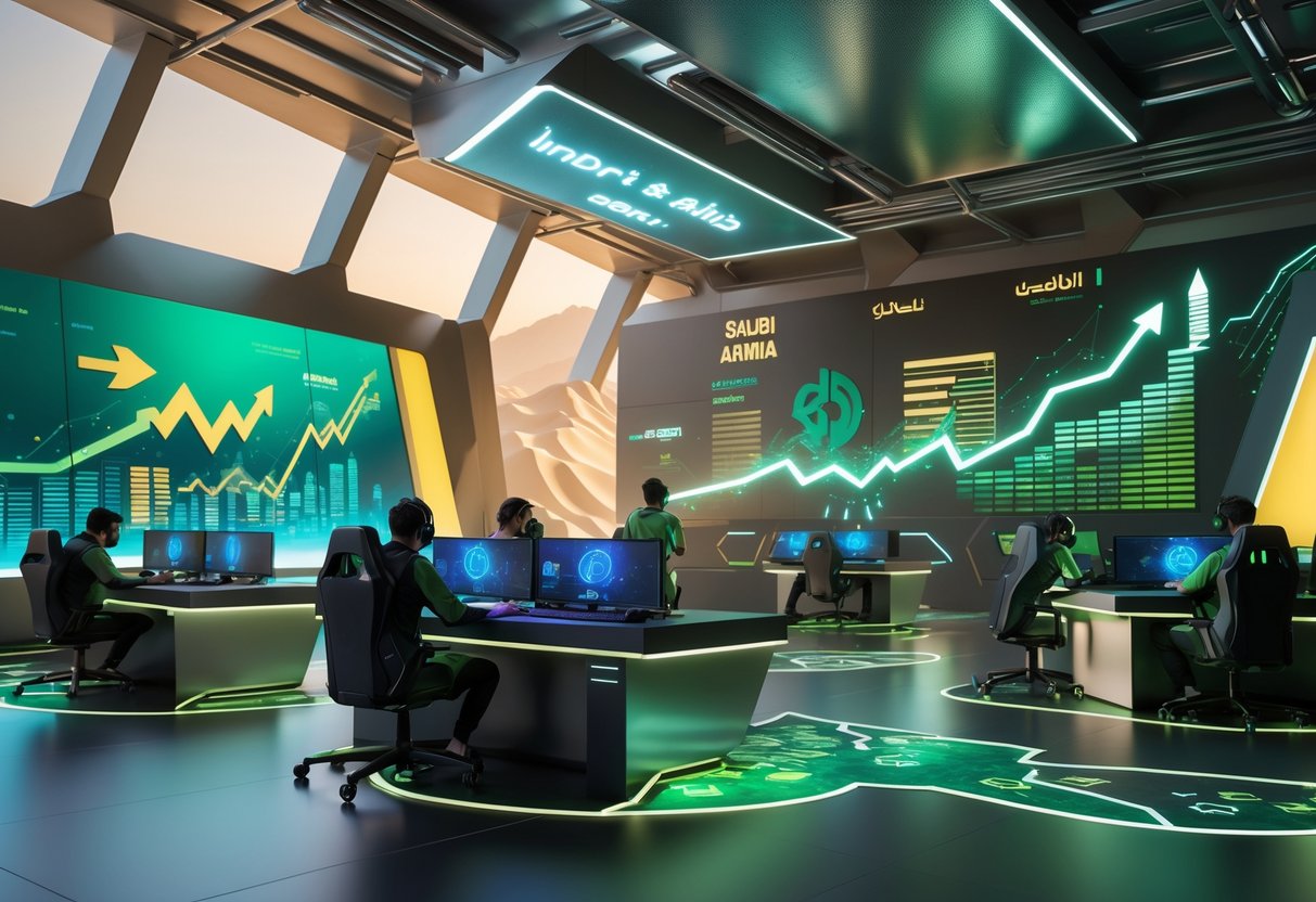 A futuristic esports arena in Saudi Arabia with gamers playing on advanced setups and glowing graphics symbolising investment and growth.