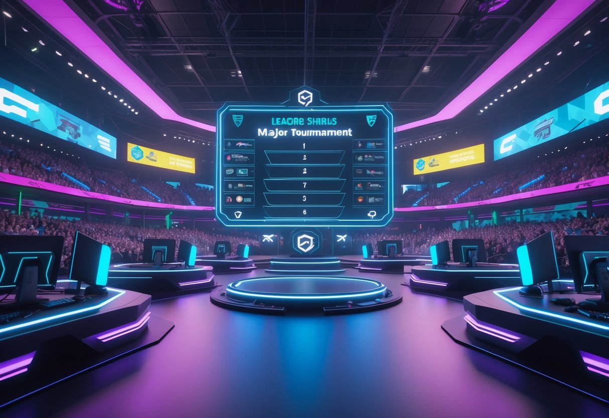 A large esports arena filled with a cheering crowd and teams competing on futuristic gaming stages with glowing equipment and holographic displays.