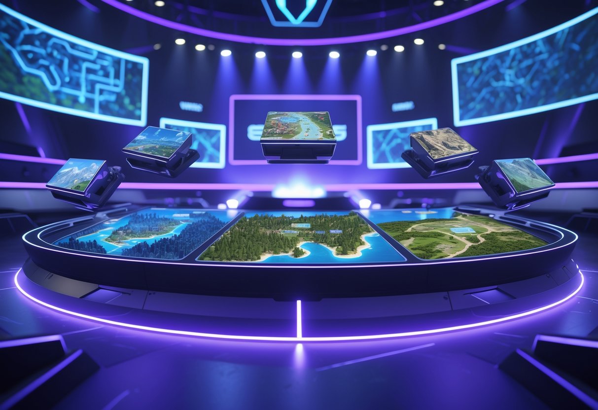 A digital arena with holographic floating maps showing different terrains like cities, forests, and mountains, set up for a gaming tournament.