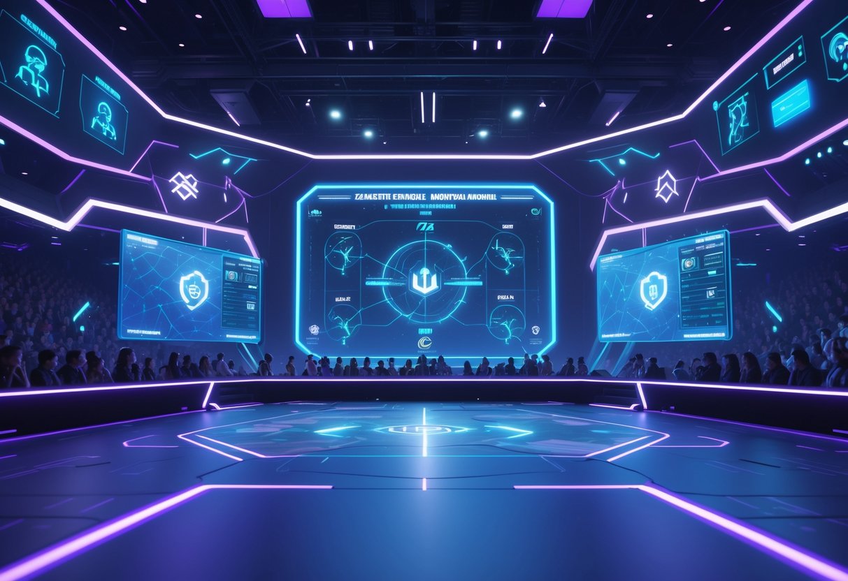 A futuristic esports arena with holographic displays showing game data and character icons, surrounded by an engaged crowd watching a competitive gaming event.
