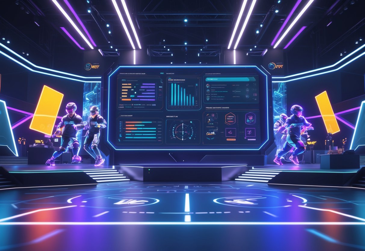 A futuristic esports arena with glowing avatars playing a competitive game, surrounded by holographic data displays and vibrant digital effects.