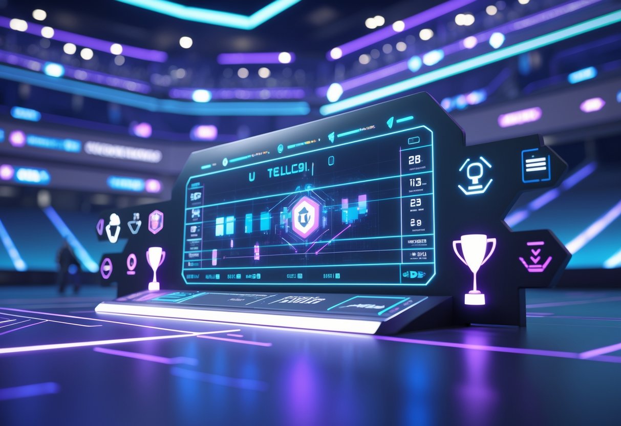 A futuristic esports arena with a large digital scoreboard showing holographic points and ranks, surrounded by icons representing competition stages and trophies.