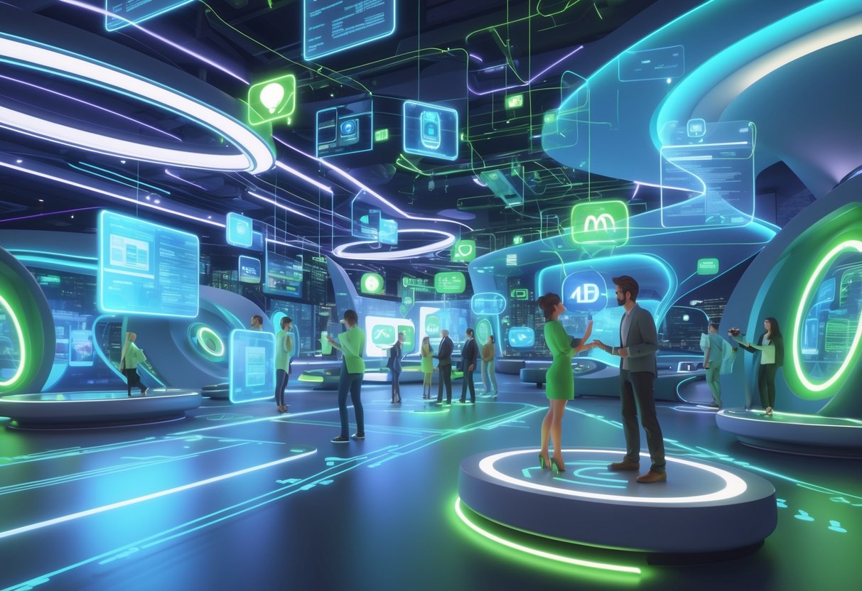 A futuristic virtual space with digital avatars interacting amid glowing holographic interfaces and modern architectural structures.