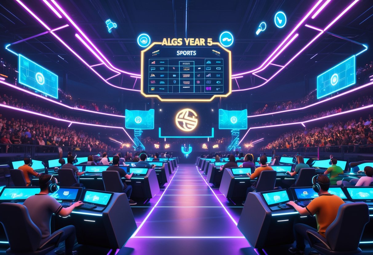A 3D scene of a futuristic esports arena with gamers playing at high-tech stations and a crowd watching a tournament.