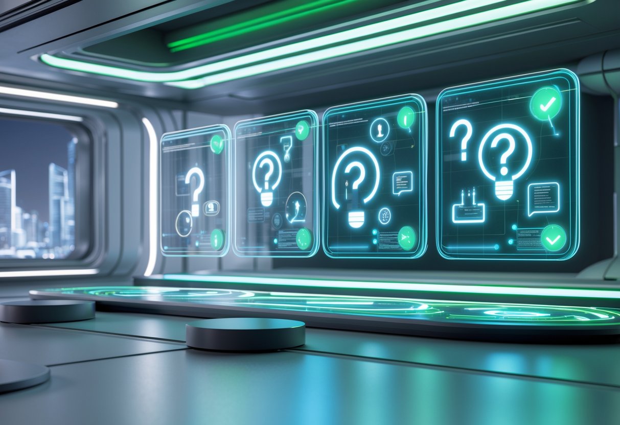 A futuristic digital hub with floating holographic panels showing abstract question and answer symbols in a modern tech room with neon lighting and a cityscape visible through large windows.