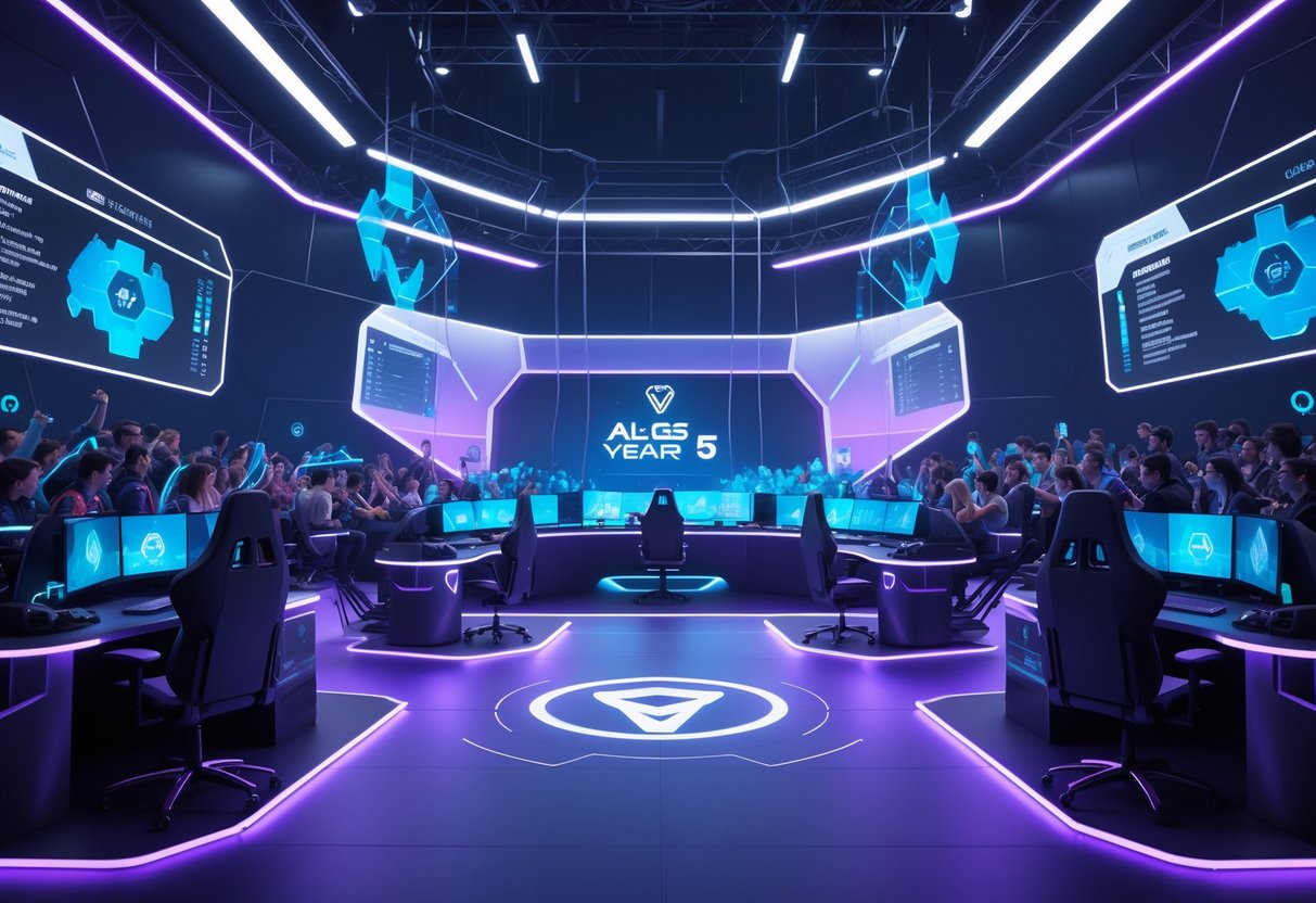 A futuristic esports arena with gamers and spectators around high-tech gaming setups and holographic displays showing tournament information.