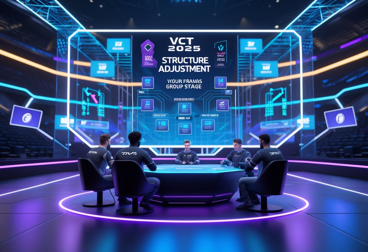 A futuristic esports arena showing holographic tournament brackets and players discussing strategy around a glowing table.