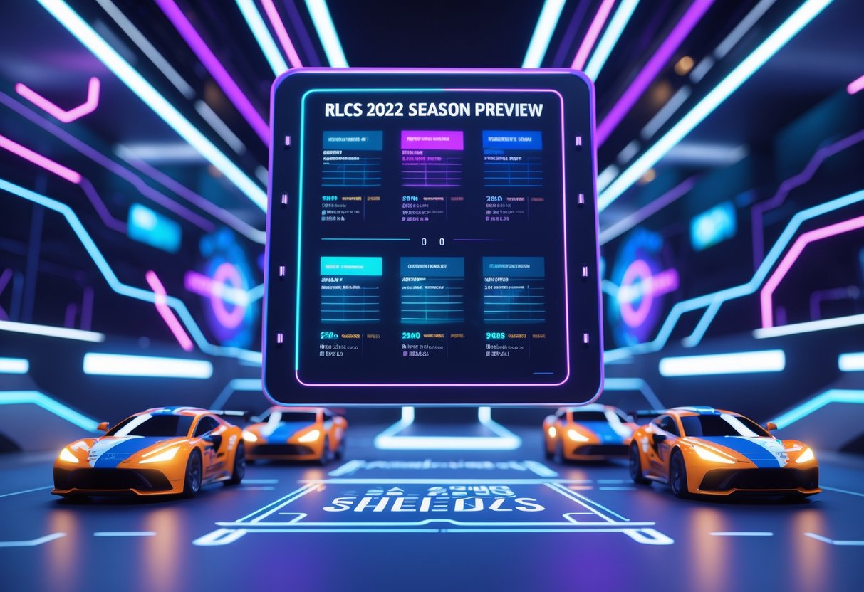 A futuristic digital calendar display floating in a high-tech environment with Rocket League cars racing around it.