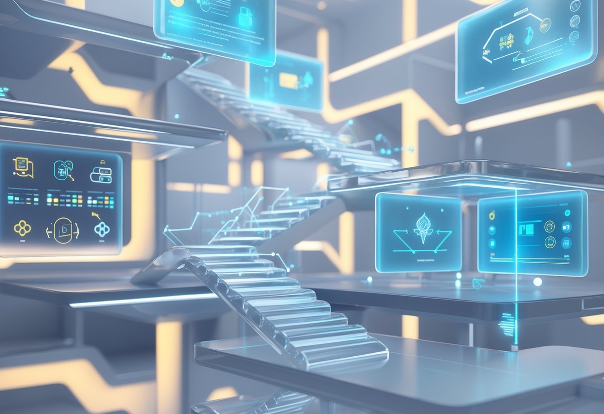 A futuristic 3D scene showing interconnected platforms and pathways representing qualification routes in a modern educational system.