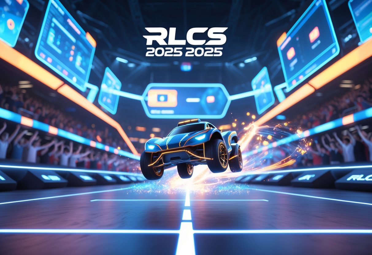 A futuristic esports stadium with glowing lights and a Rocket League car jumping in the centre, surrounded by digital displays and cheering crowds.