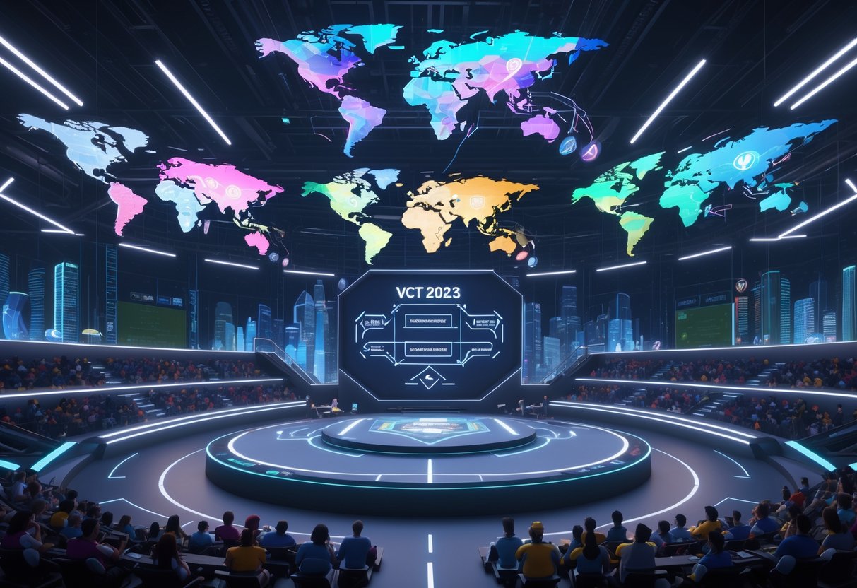 A futuristic esports stadium with holographic maps showing regional boundaries changing, surrounded by fans and digital displays highlighting league format changes.