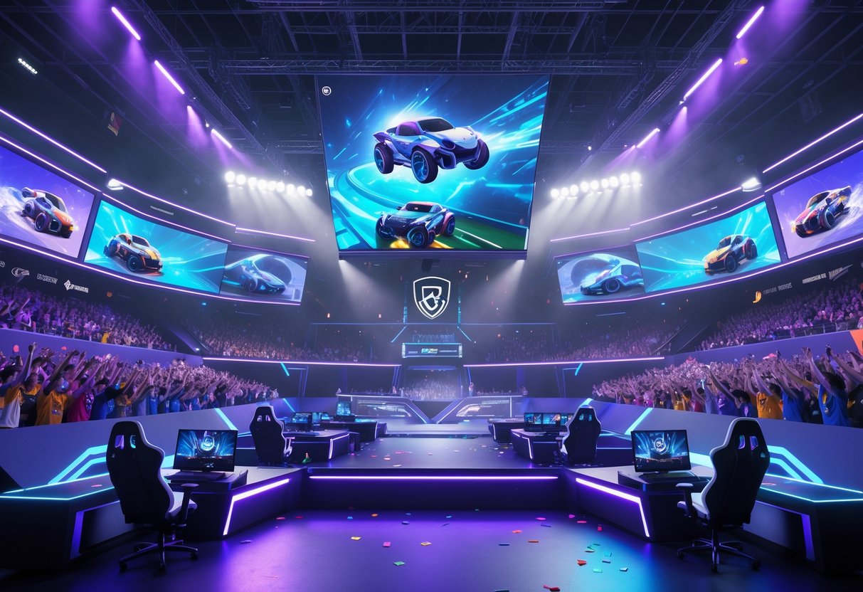 A large esports arena filled with cheering fans watching a Rocket League tournament on a central stage with gaming setups and holographic displays of cars performing stunts.