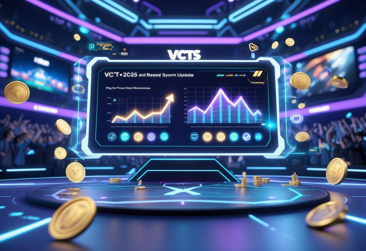 A futuristic esports arena with a digital scoreboard and holographic icons representing prizes and rewards floating in the air.