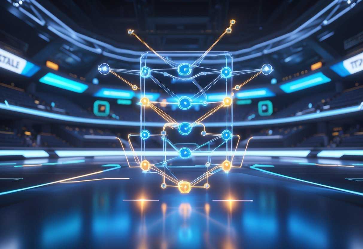 A 3D rendering of a futuristic esports tournament bracket floating in a high-tech stadium with glowing lines and digital effects, showing teams advancing through playoff stages.