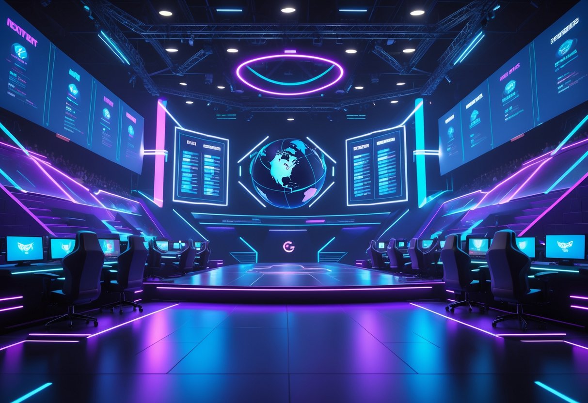 A futuristic esports arena with players competing on stage and holographic displays showing tournament brackets and global connections.
