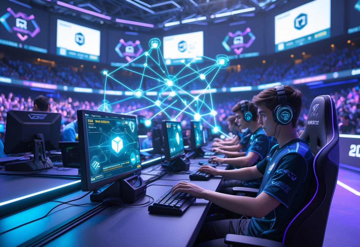 A 3D scene showing a team of esports players competing in a high-tech arena with holographic displays and digital effects representing teamwork and strategy.