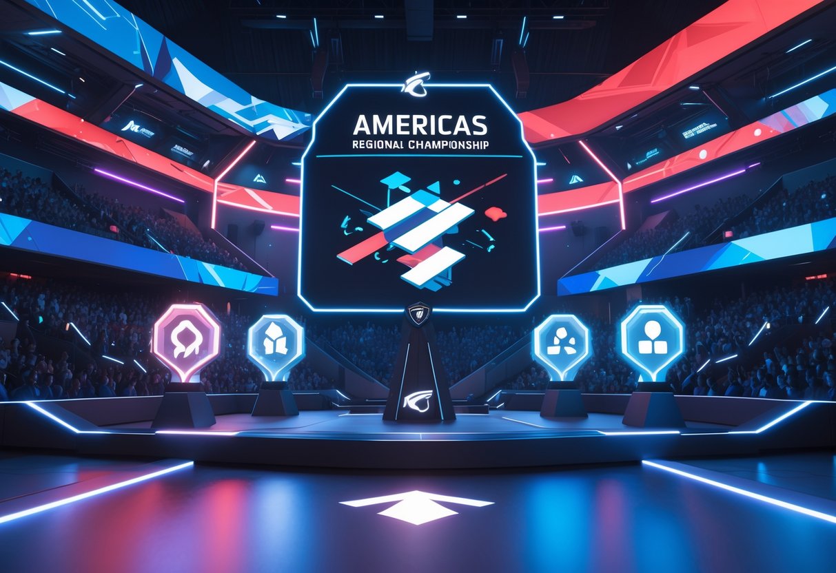 A 3D scene of a futuristic esports arena with colourful lighting, holographic gaming icons, and a stylised map of the Americas integrated into the design.
