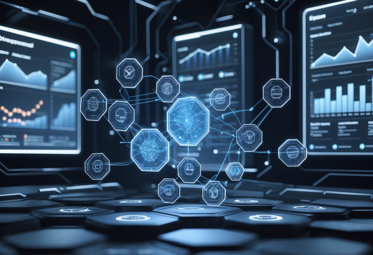 A 3D scene showing interconnected glowing nodes and digital panels representing a complex, futuristic network system.
