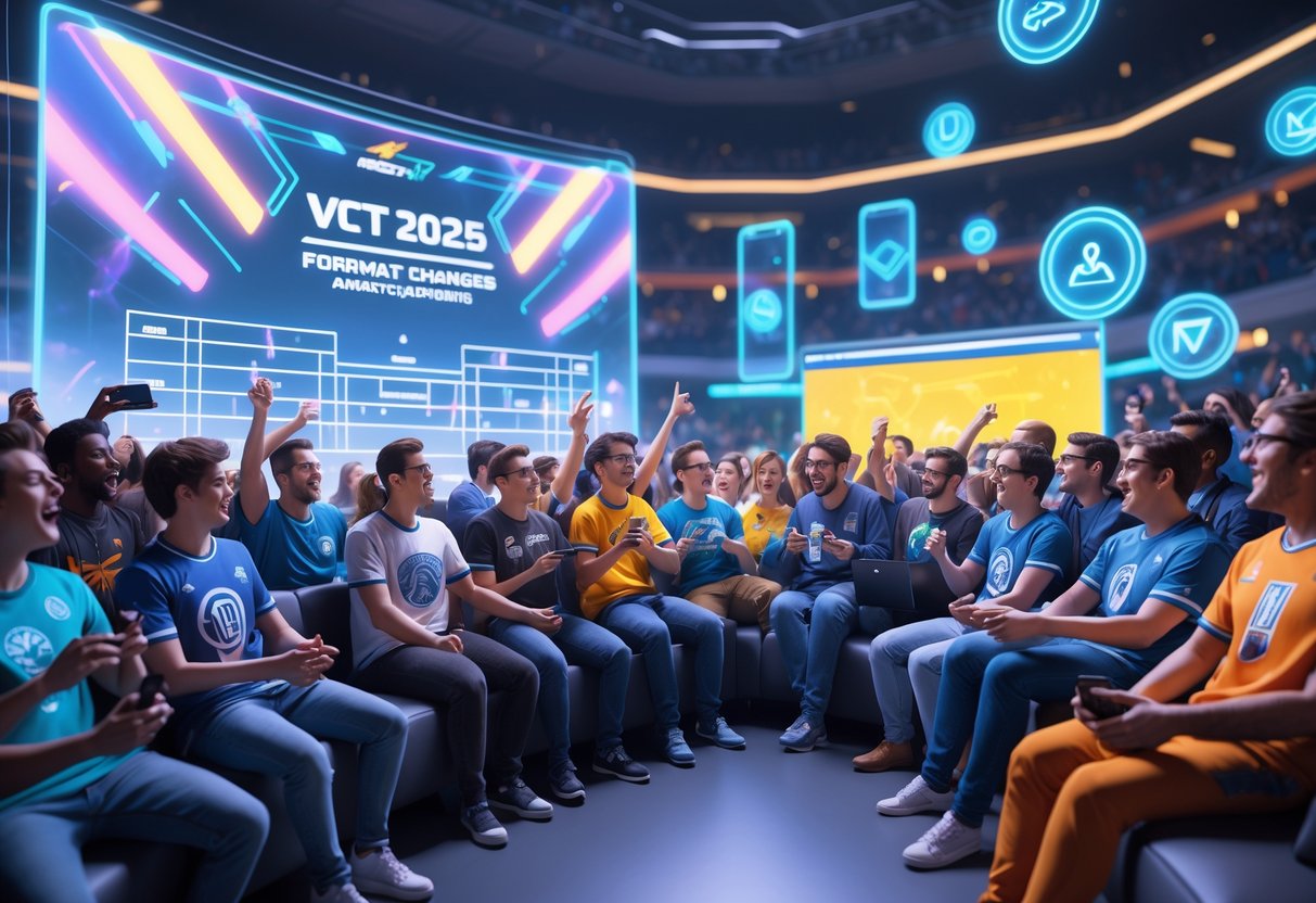 A diverse group of esports fans reacting with excitement and surprise inside a futuristic arena with holographic screens and colourful lighting.