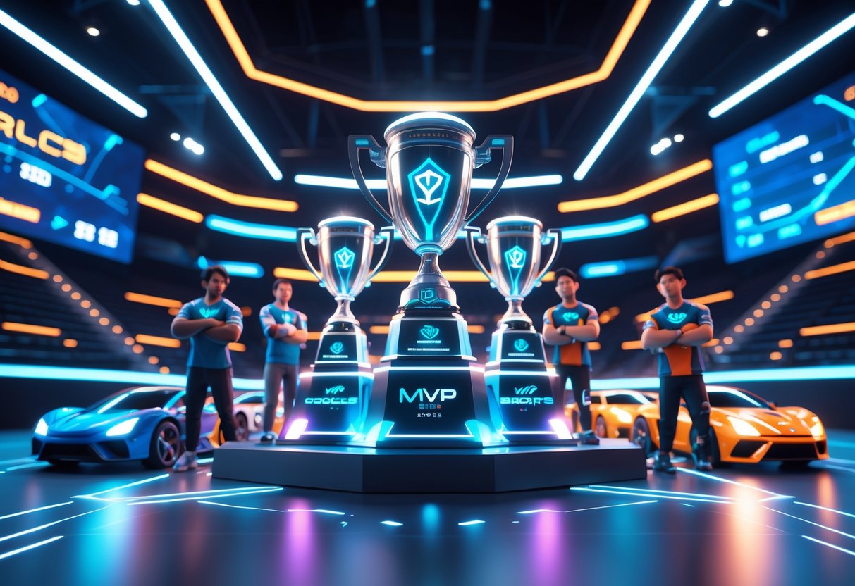 A futuristic esports arena with illuminated trophies and digital avatars of players celebrating achievements.