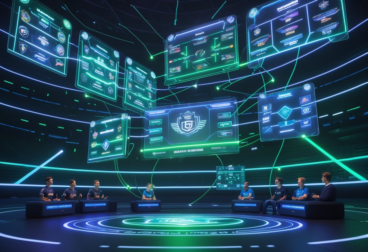 A futuristic esports stadium with holographic screens showing global league connections and players interacting around them.