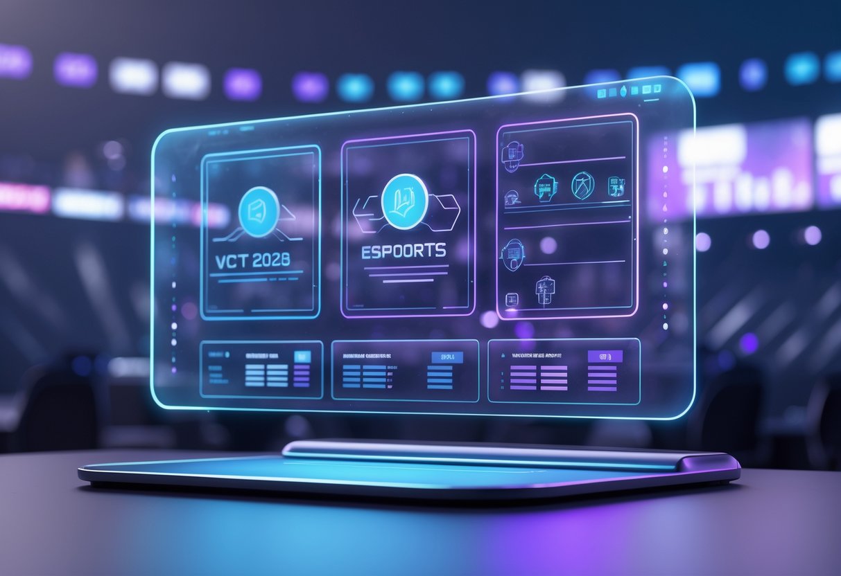 A 3D scene showing a futuristic holographic interface with esports-related graphics floating above a desk in an esports arena.
