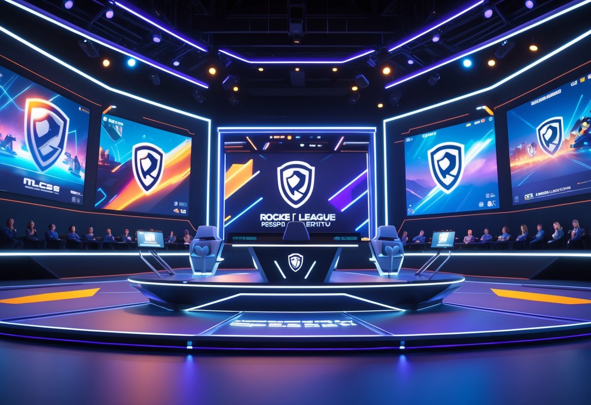 A futuristic esports broadcast studio with holographic screens showing Rocket League gameplay and team logos, a commentator desk with digital interfaces, and a virtual cheering audience.