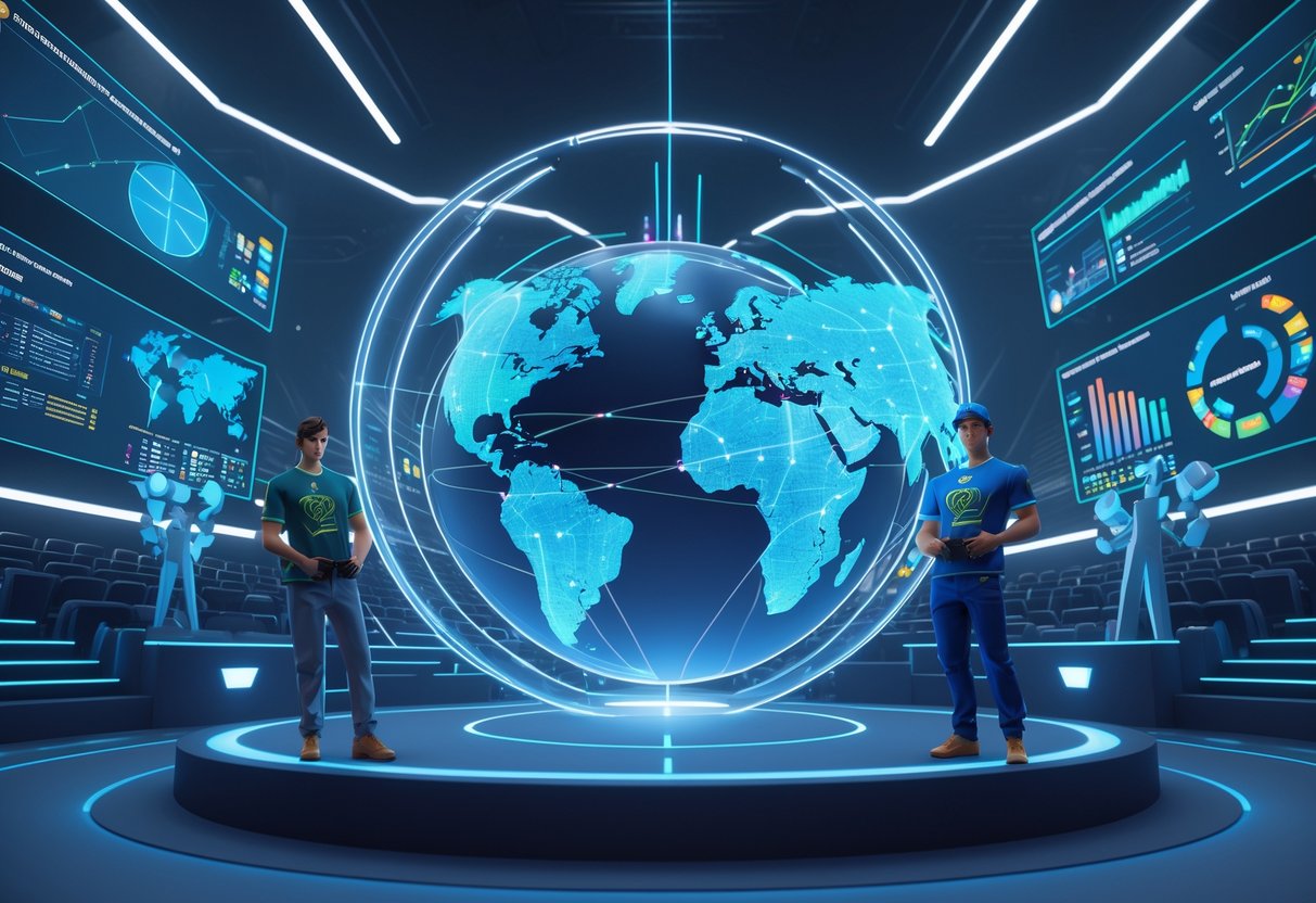 A 3D scene showing a glowing globe with connected regions and esports players around it, inside a futuristic arena with digital screens and data streams.