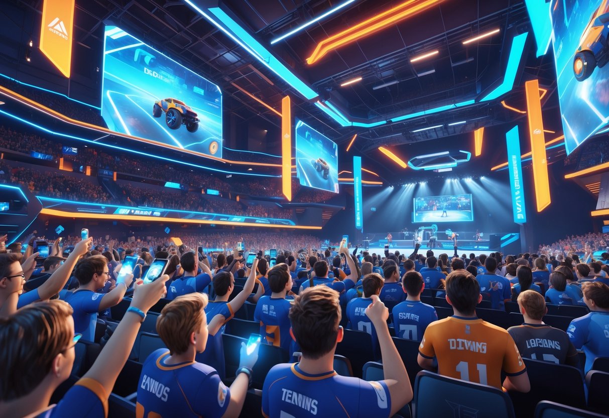 A crowded esports arena with fans watching players compete on stage, surrounded by holographic displays and interactive fan zones.