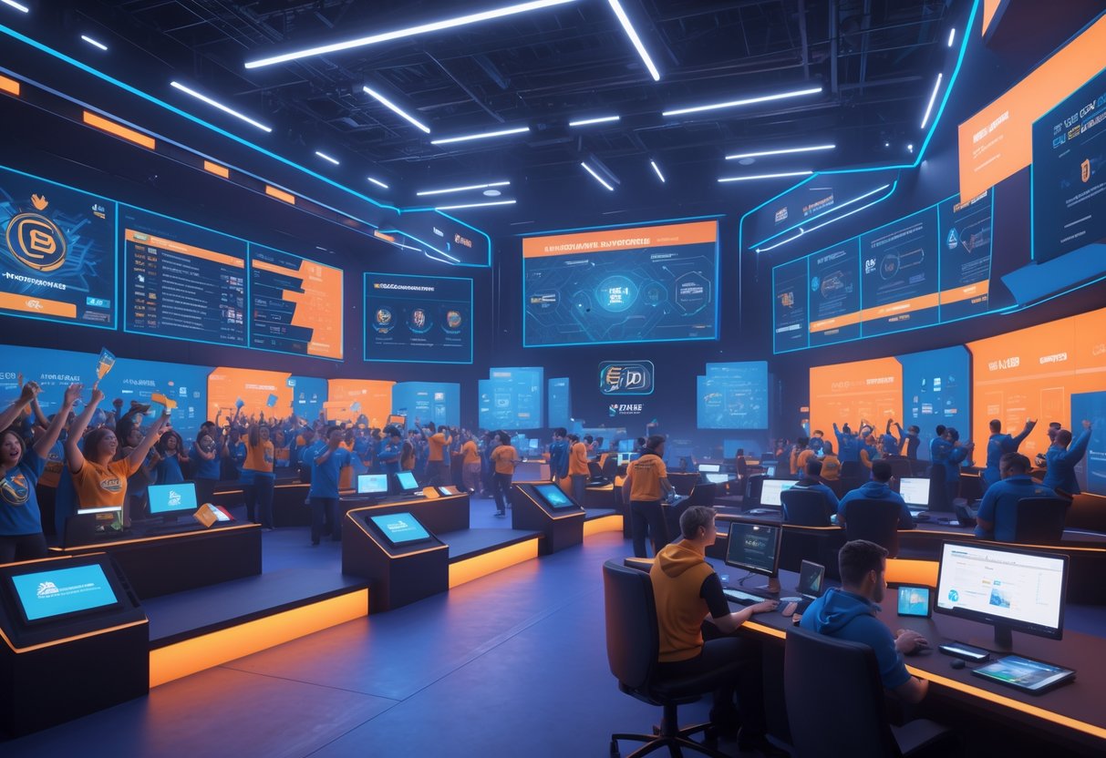 A lively esports arena with fans cheering and stakeholders interacting with holographic displays showing tournament data and gameplay.