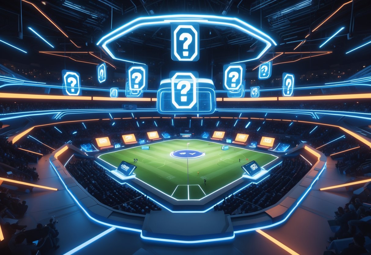 A futuristic esports arena with a Rocket League field, glowing holograms, and an excited crowd preparing for a major gaming event.