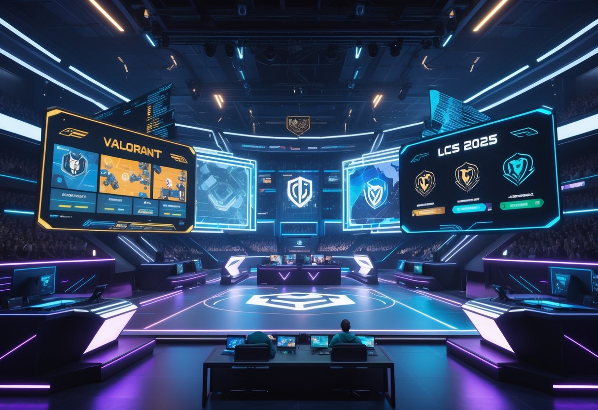 A futuristic esports arena showing two large holographic displays comparing VALORANT gameplay and new LCS 2025 format changes, with players competing on stage and an excited audience watching.
