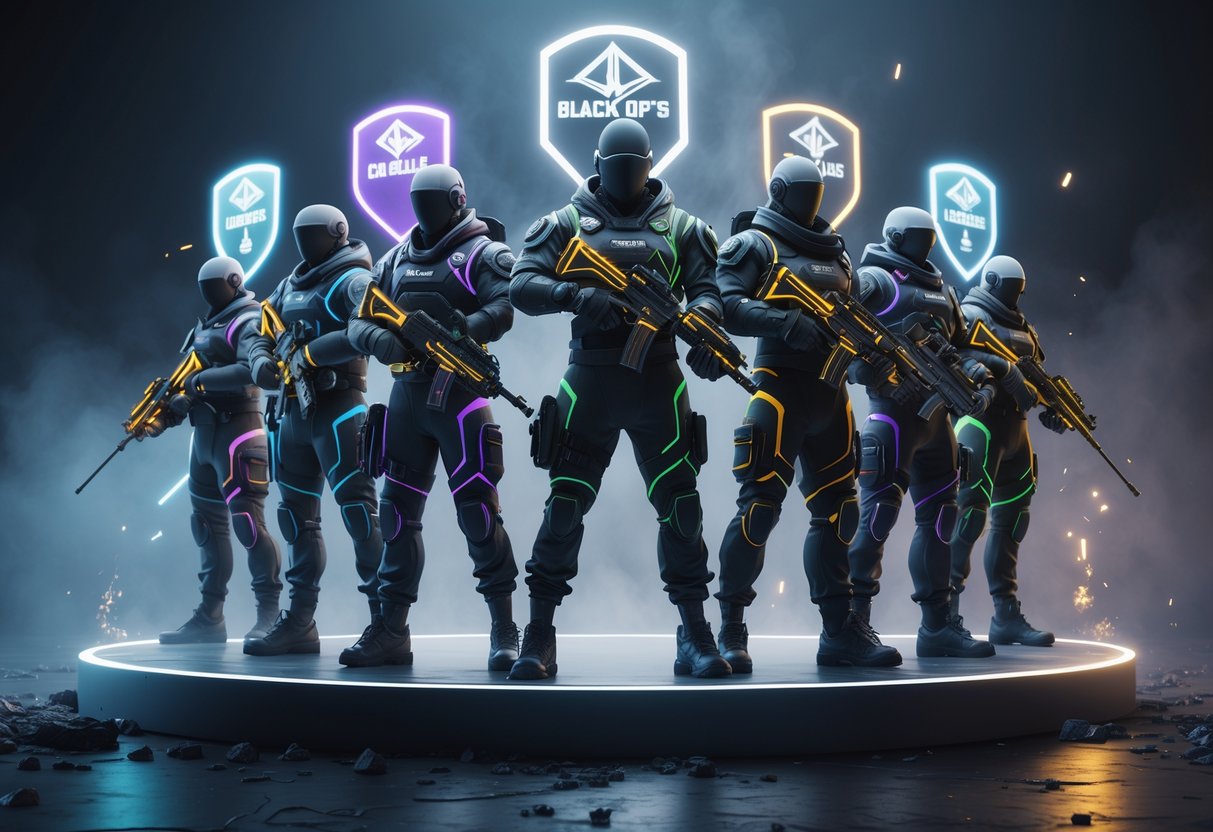 Six futuristic soldiers in combat gear stand together on a lit platform with a smoky battlefield behind them, each holding unique weapons and surrounded by glowing holograms.
