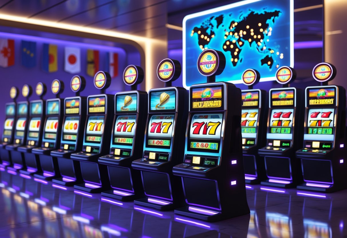 A modern casino interior with rows of colourful slot machines featuring international symbols and a world map display in the background.