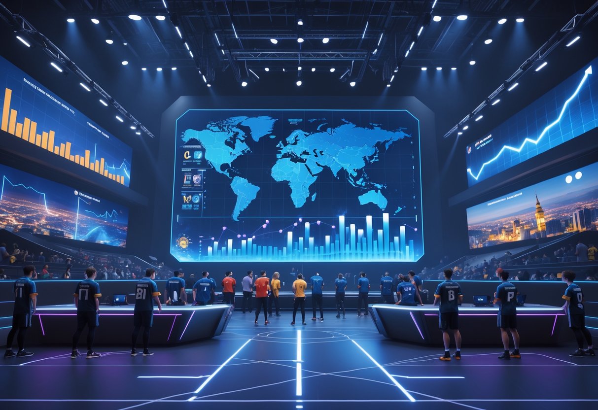 A futuristic esports arena with professional players preparing for competition, surrounded by holographic charts and connected European cityscapes symbolising growth and expansion.