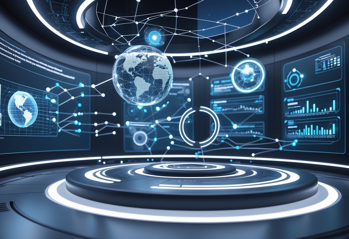 A futuristic control room with holographic displays and rotating rings representing an international qualification process.
