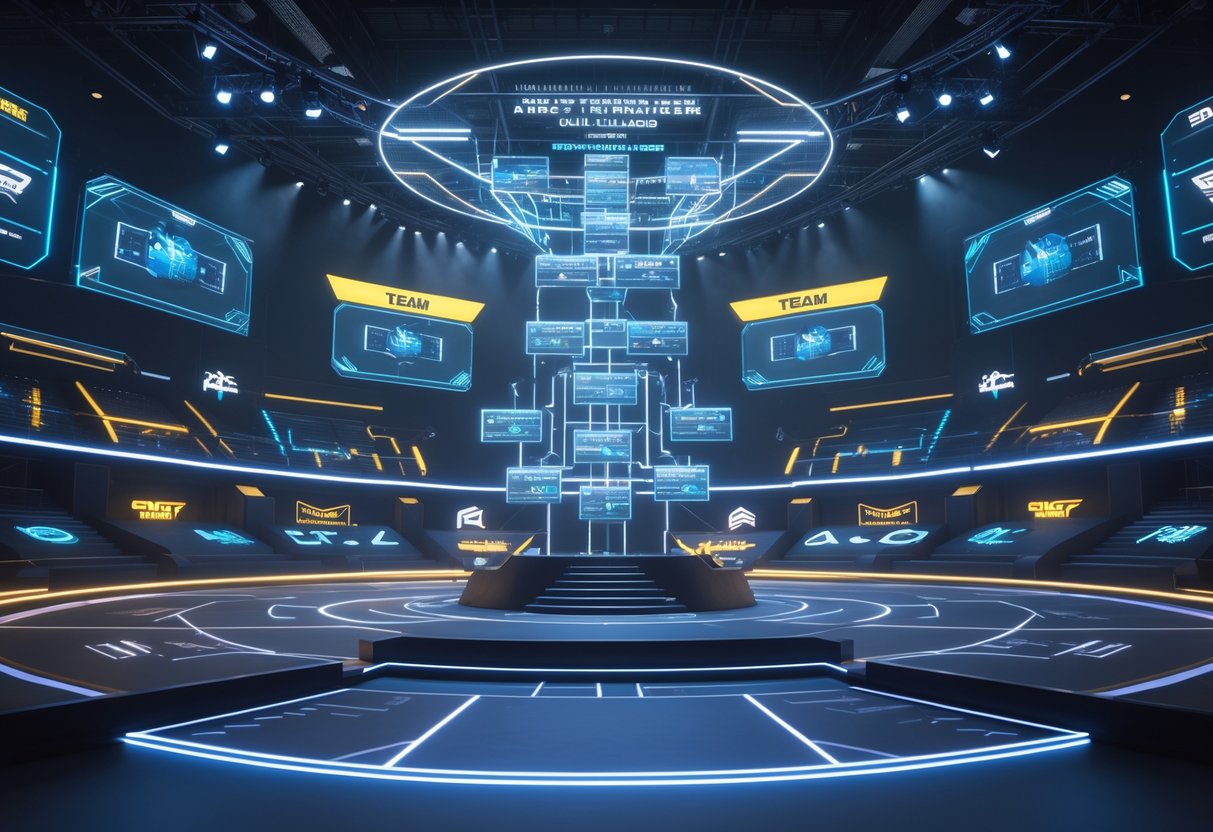 A 3D scene of a futuristic esports arena with six team areas and a central holographic display showing a tournament structure.
