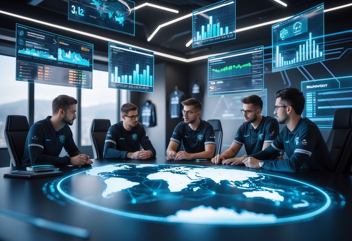 A group of people working together around a holographic table showing a map, planning team expansion in a modern office setting.