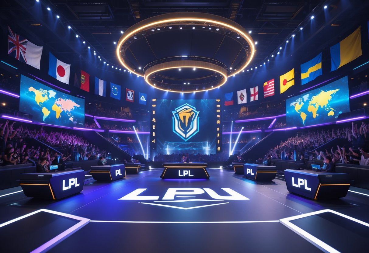 A 3D rendered esports arena with international flags and a crowd watching a gaming competition representing the LPL at a world championship event.